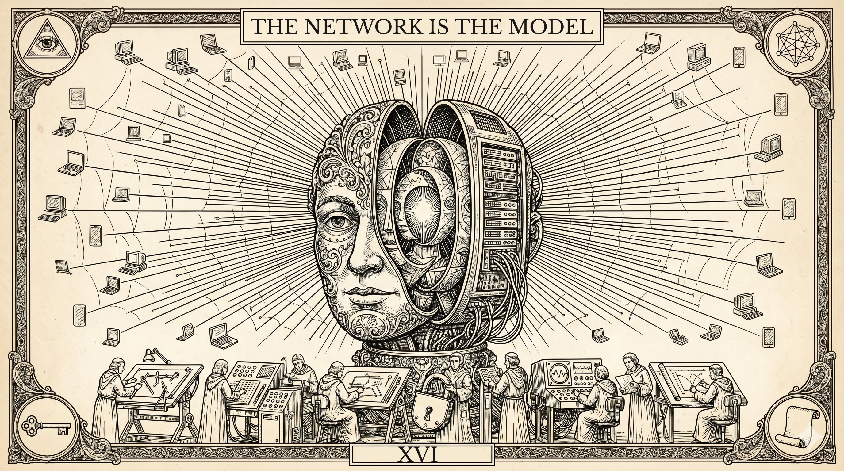 The Network Is the Model — an engraving of a half-human, half-machine face surrounded by radiating connections to computers, with scholars working below. Plate XVI.